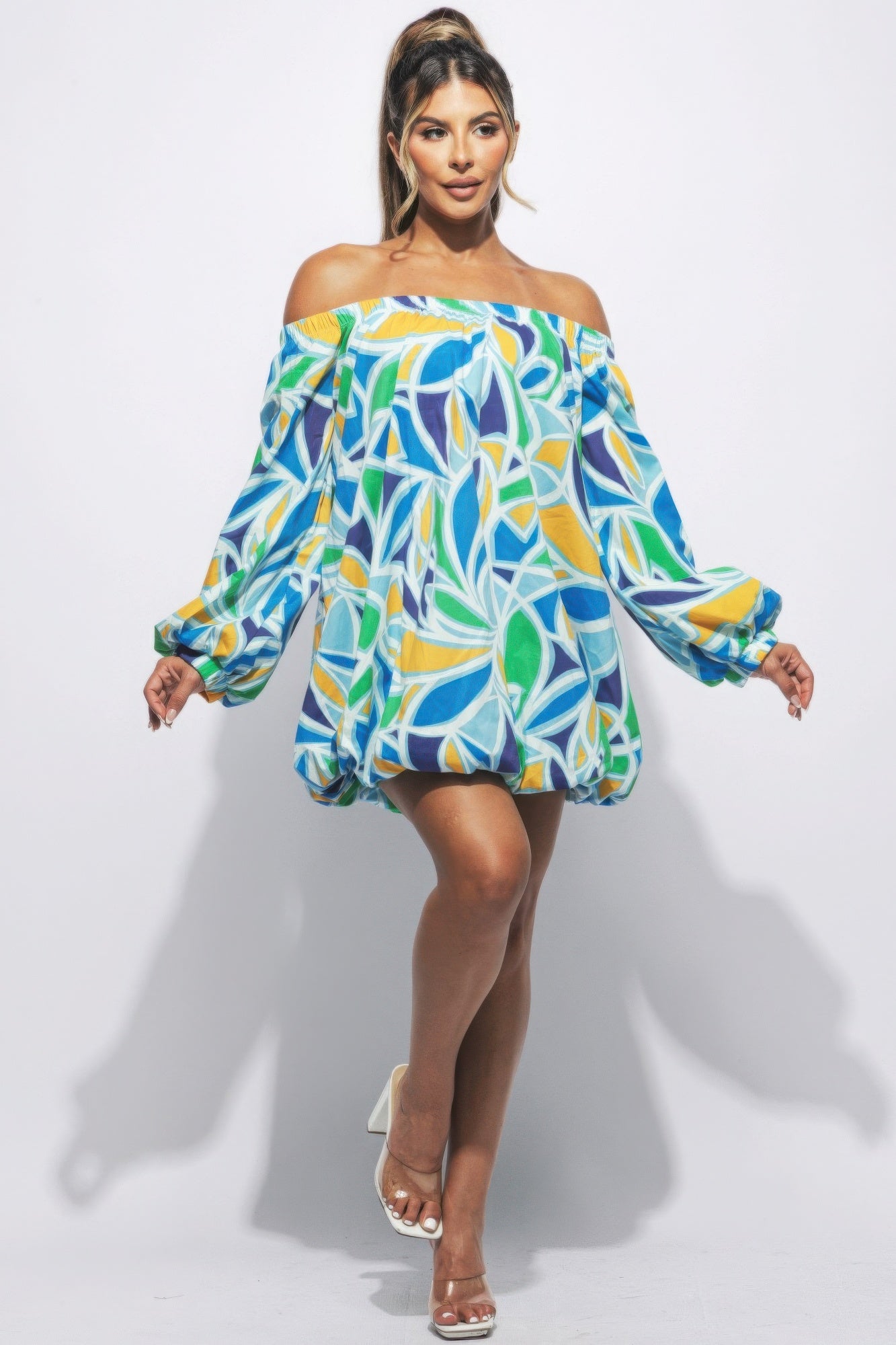 Off-Shoulder Bubble Mini Dress – Polyester & Spandex Blend, Long Sleeves, Playful Bubble Hem, Perfect for Casual Outings & Special Occasions