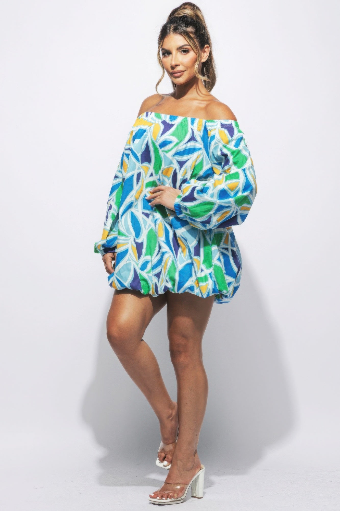 Off-Shoulder Bubble Mini Dress – Polyester & Spandex Blend, Long Sleeves, Playful Bubble Hem, Perfect for Casual Outings & Special Occasions