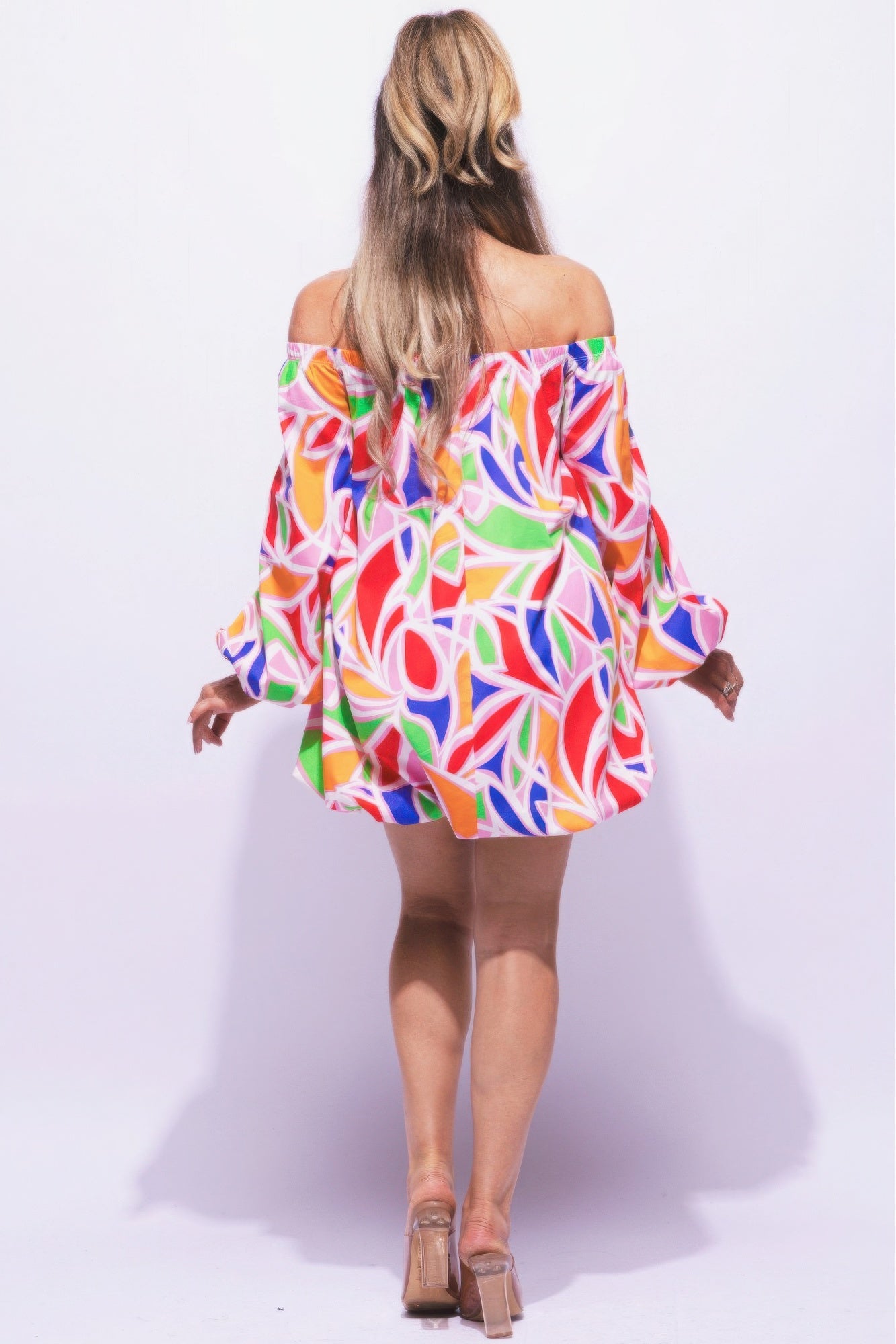 Off-Shoulder Bubble Mini Dress – Polyester & Spandex Blend, Long Sleeves, Playful Bubble Hem, Perfect for Casual Outings & Special Occasions