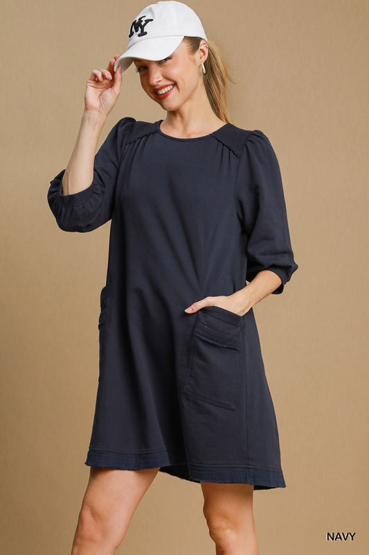 French Terry Mini Dress | Comfortable Relaxed Fit with Double Pockets & Frayed Trim Details