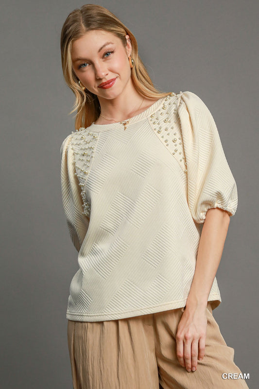 Puff Sleeve Knit Top – Polyester & Spandex, Dramatic Puff Sleeves & Pearl Details for a Chic, Polished Look in Cream