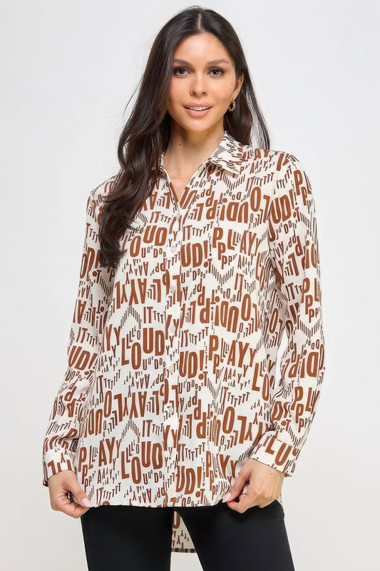 Printed Satin Long Sleeve Tunic Top – Smooth Polyester Satin, Flattering Silhouette for Work, Casual Outings, & Special Events