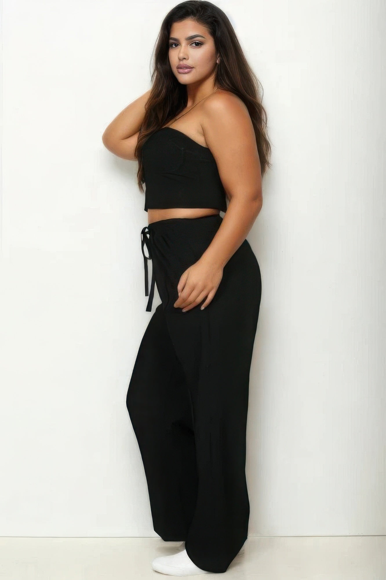 Plus Size Bustier Crop Cami Top & Straight Leg Pants Set – Adjustable Straps, Slant Pockets, Soft Polyester-Spandex Blend, Versatile Styling Options for Any Occasion