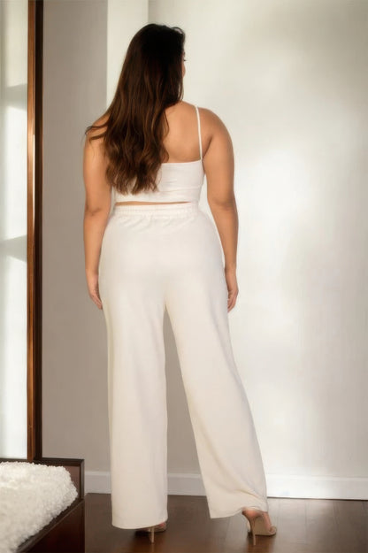 Plus Size Bustier Crop Cami Top & Straight Leg Pants Set – Adjustable Straps, Slant Pockets, Soft Polyester-Spandex Blend, Versatile Styling Options for Any Occasion