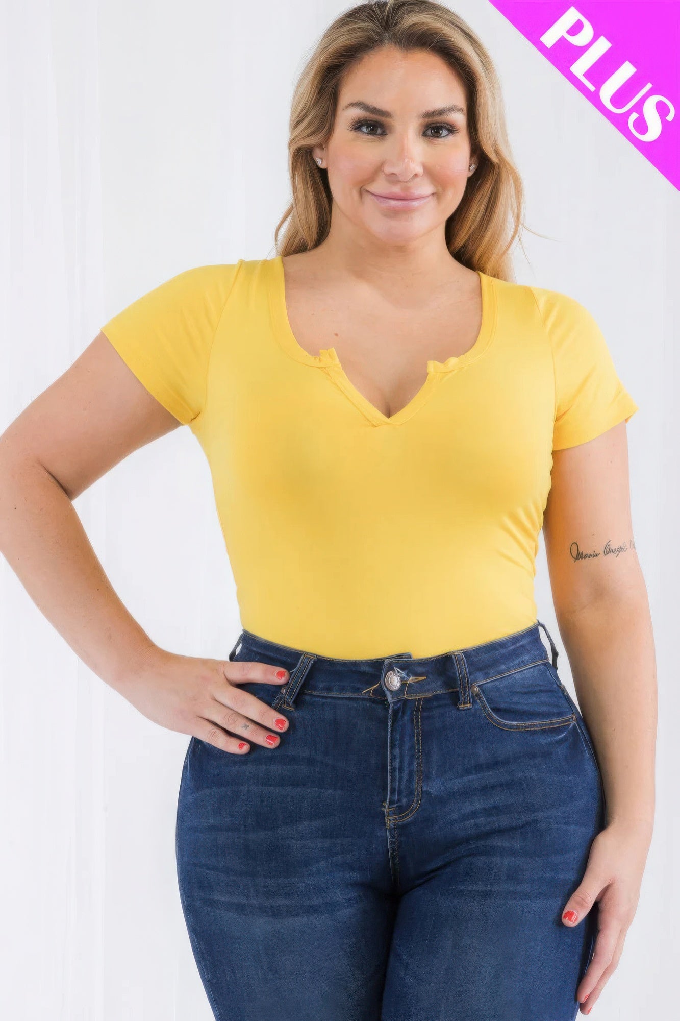 Plus Size Casual Split Neck Solid Short Sleeve Bodysuit – Soft & Stretchy Polyester-Spandex Blend, Comfortable Fit for All-Day Wear