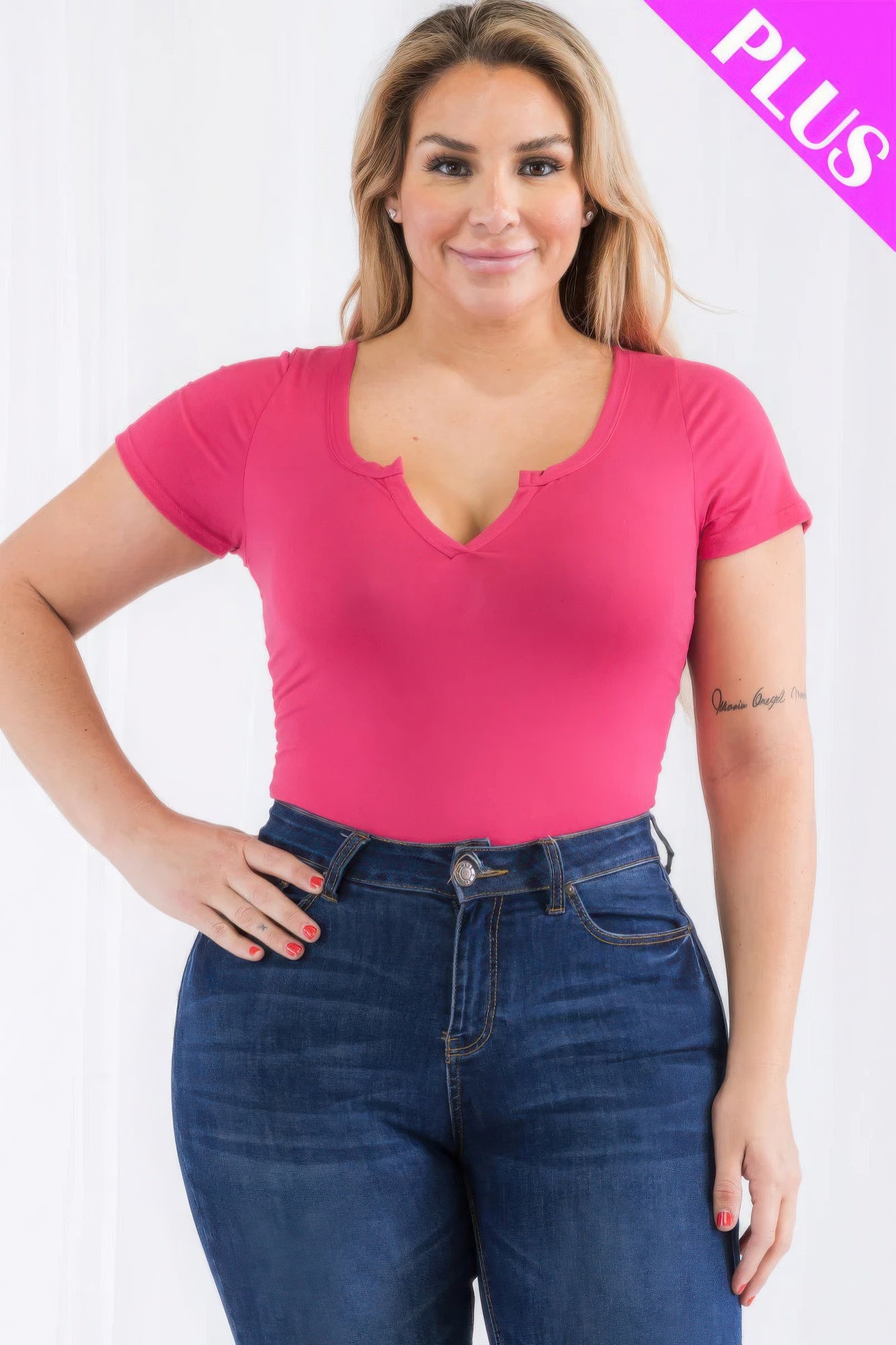 Plus Size Casual Split Neck Solid Short Sleeve Bodysuit – Soft & Stretchy Polyester-Spandex Blend, Comfortable Fit for All-Day Wear