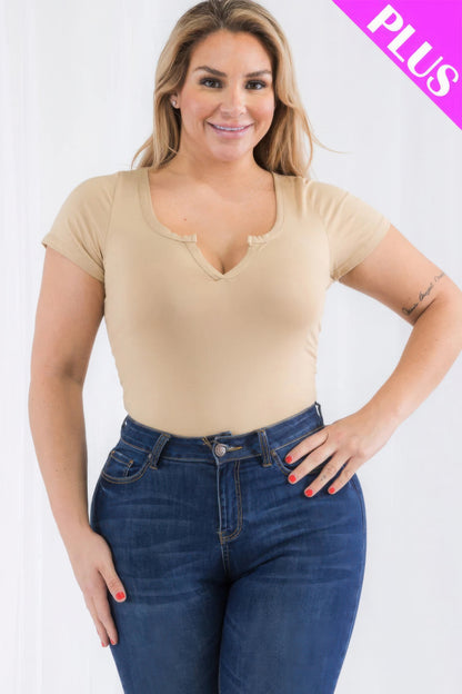 Plus Size Casual Split Neck Solid Short Sleeve Bodysuit – Soft & Stretchy Polyester-Spandex Blend, Comfortable Fit for All-Day Wear