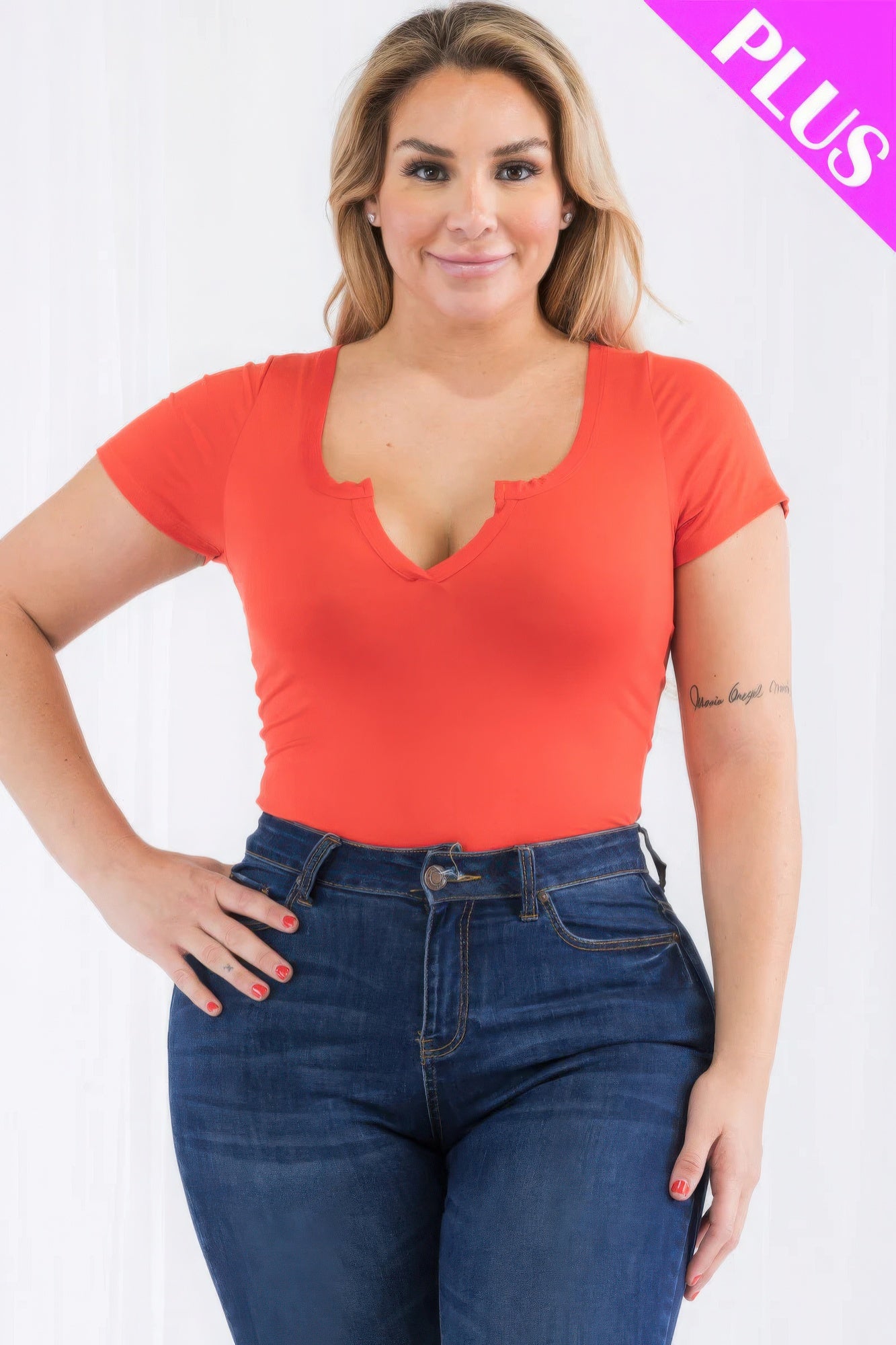 Plus Size Casual Split Neck Solid Short Sleeve Bodysuit – Soft & Stretchy Polyester-Spandex Blend, Comfortable Fit for All-Day Wear