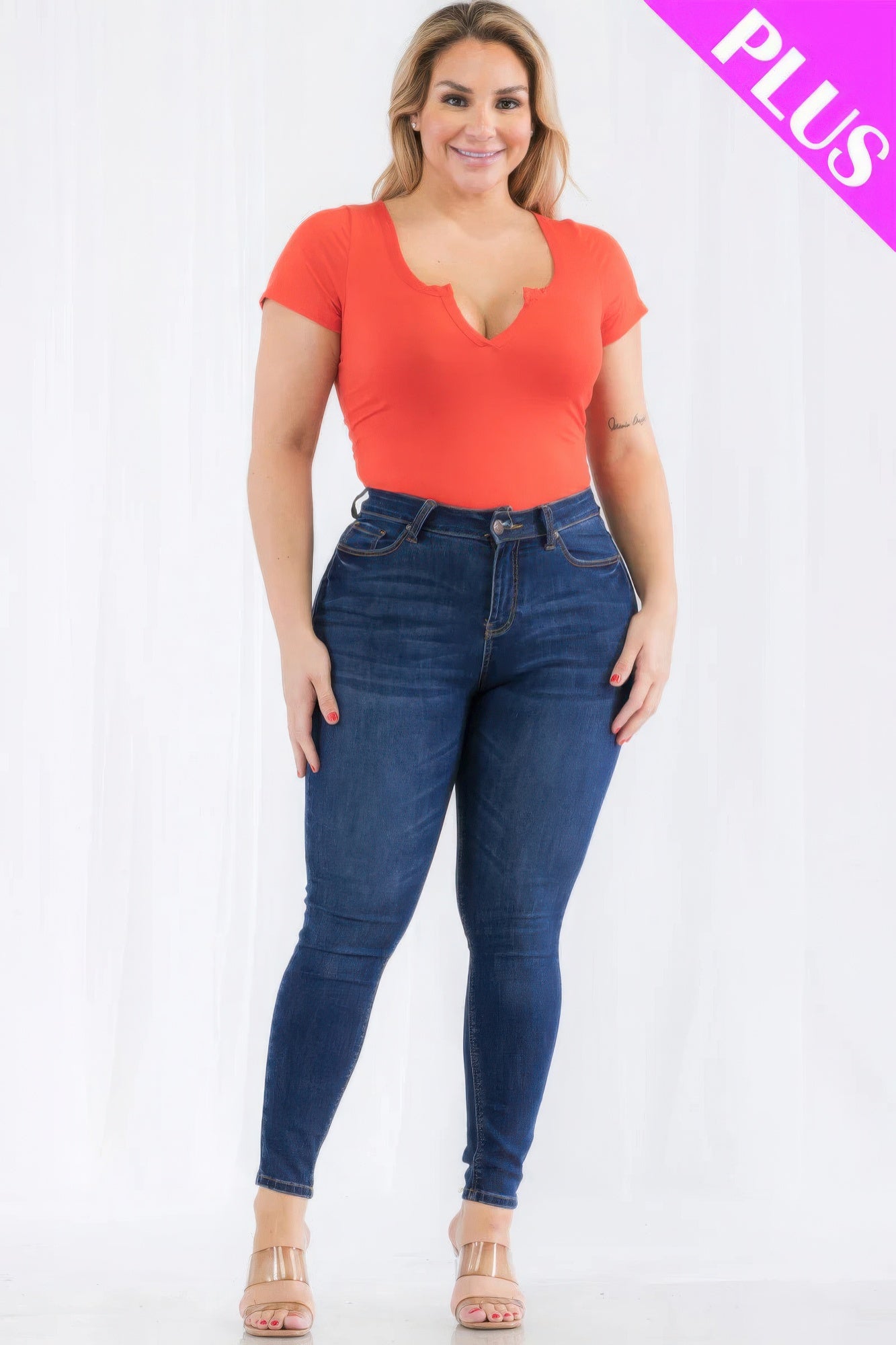 Plus Size Casual Split Neck Solid Short Sleeve Bodysuit – Soft & Stretchy Polyester-Spandex Blend, Comfortable Fit for All-Day Wear