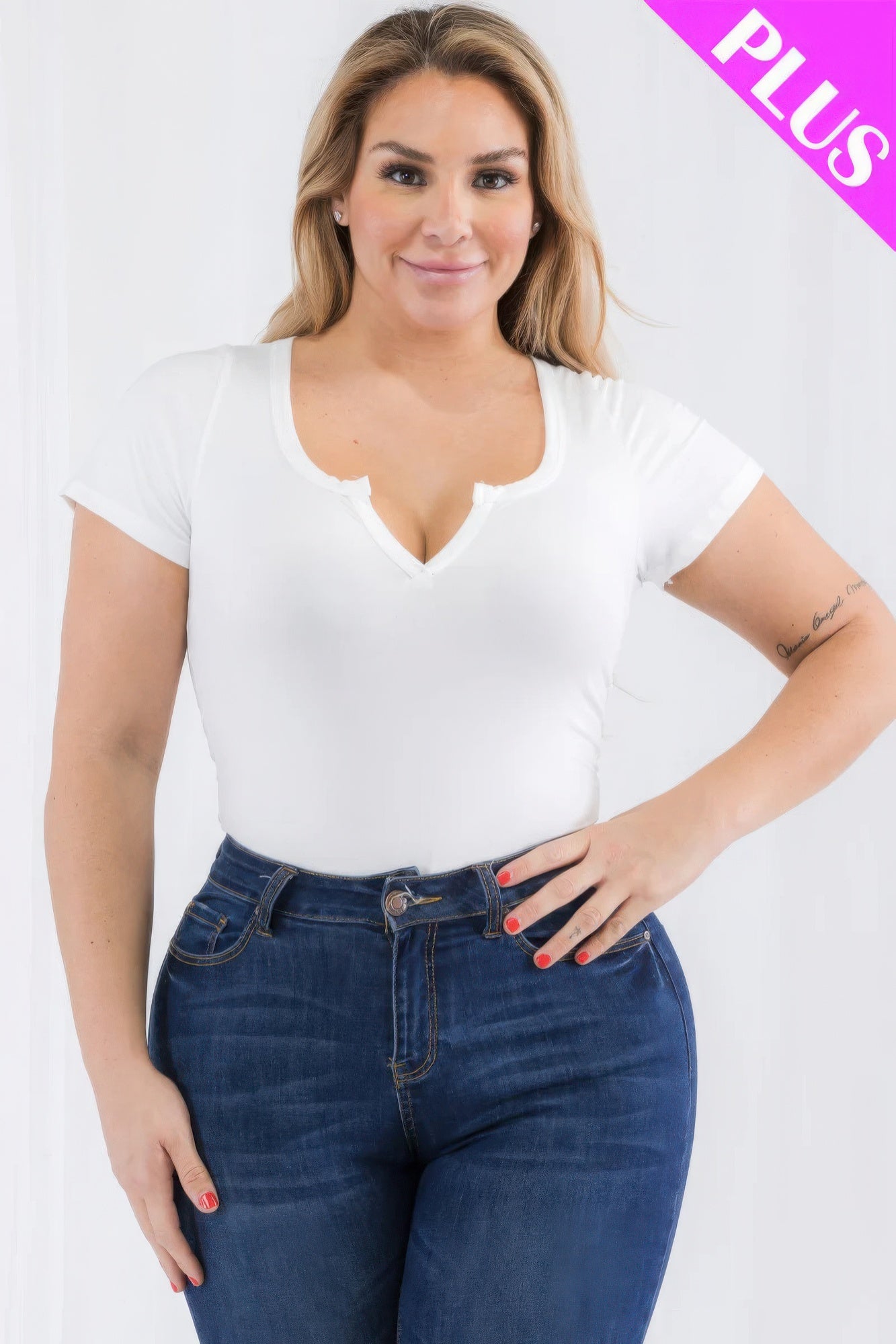 Plus Size Casual Split Neck Solid Short Sleeve Bodysuit – Soft & Stretchy Polyester-Spandex Blend, Comfortable Fit for All-Day Wear