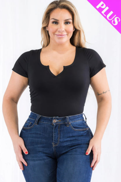 Plus Size Casual Split Neck Solid Short Sleeve Bodysuit – Soft & Stretchy Polyester-Spandex Blend, Comfortable Fit for All-Day Wear