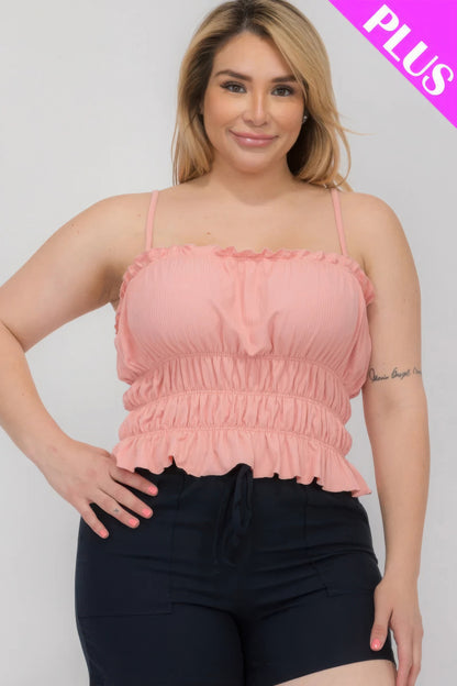 Plus Size Tiered Shirred Ruffle Crop Top – Adjustable Spaghetti Straps, Stretchy Polyester-Spandex Blend, Perfect for Casual Outings & Layering