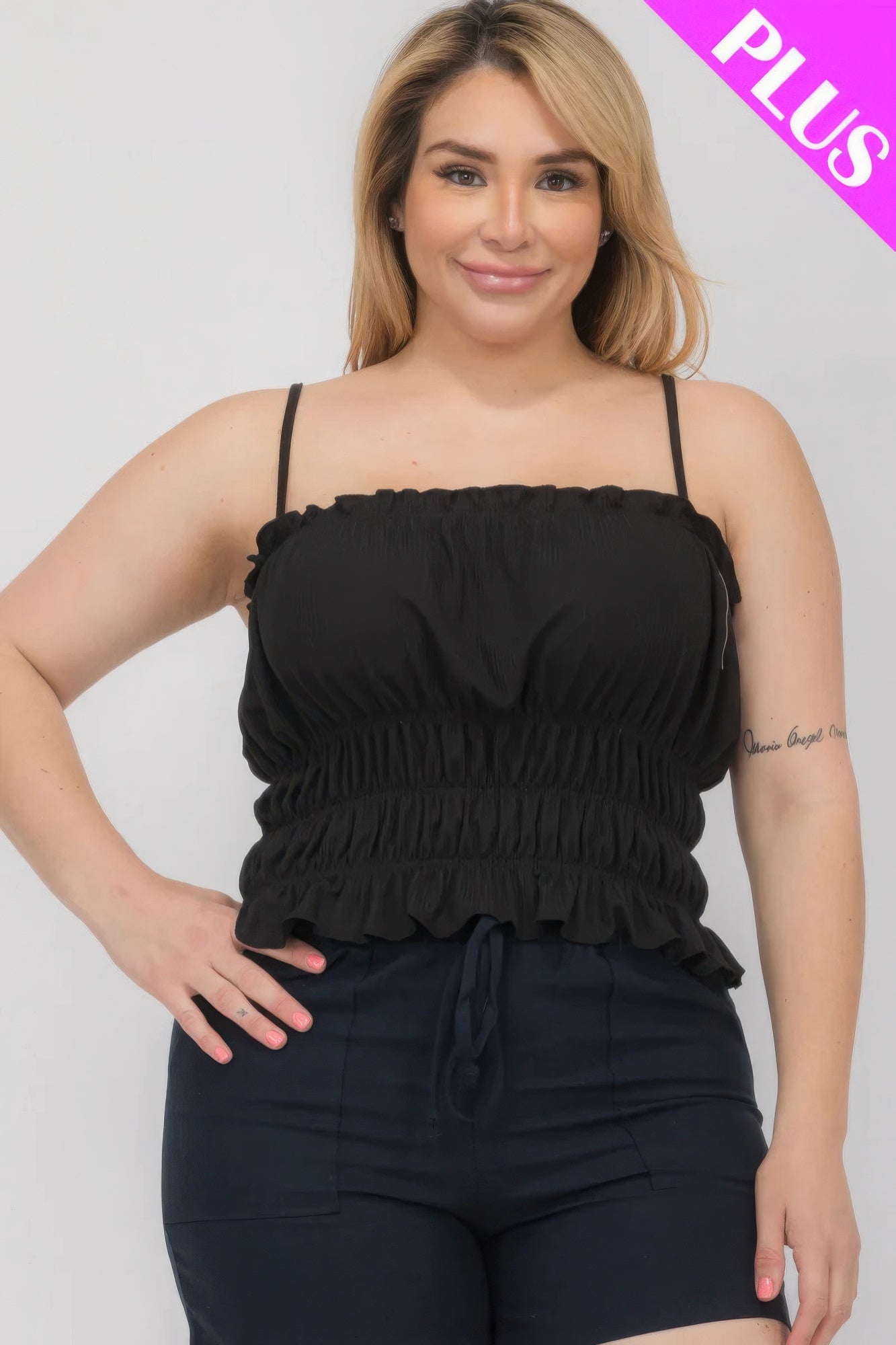 Plus Size Tiered Shirred Ruffle Crop Top – Adjustable Spaghetti Straps, Stretchy Polyester-Spandex Blend, Perfect for Casual Outings & Layering