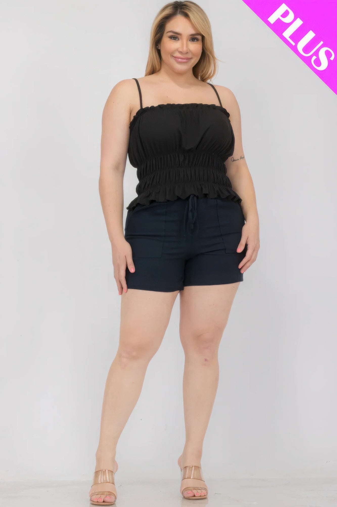 Plus Size Tiered Shirred Ruffle Crop Top – Adjustable Spaghetti Straps, Stretchy Polyester-Spandex Blend, Perfect for Casual Outings & Layering