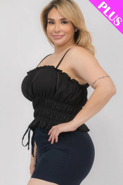 Plus Size Tiered Shirred Ruffle Crop Top – Adjustable Spaghetti Straps, Stretchy Polyester-Spandex Blend, Perfect for Casual Outings & Layering