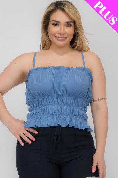 Plus Size Tiered Shirred Ruffle Crop Top – Adjustable Spaghetti Straps, Stretchy Polyester-Spandex Blend, Perfect for Casual Outings & Layering