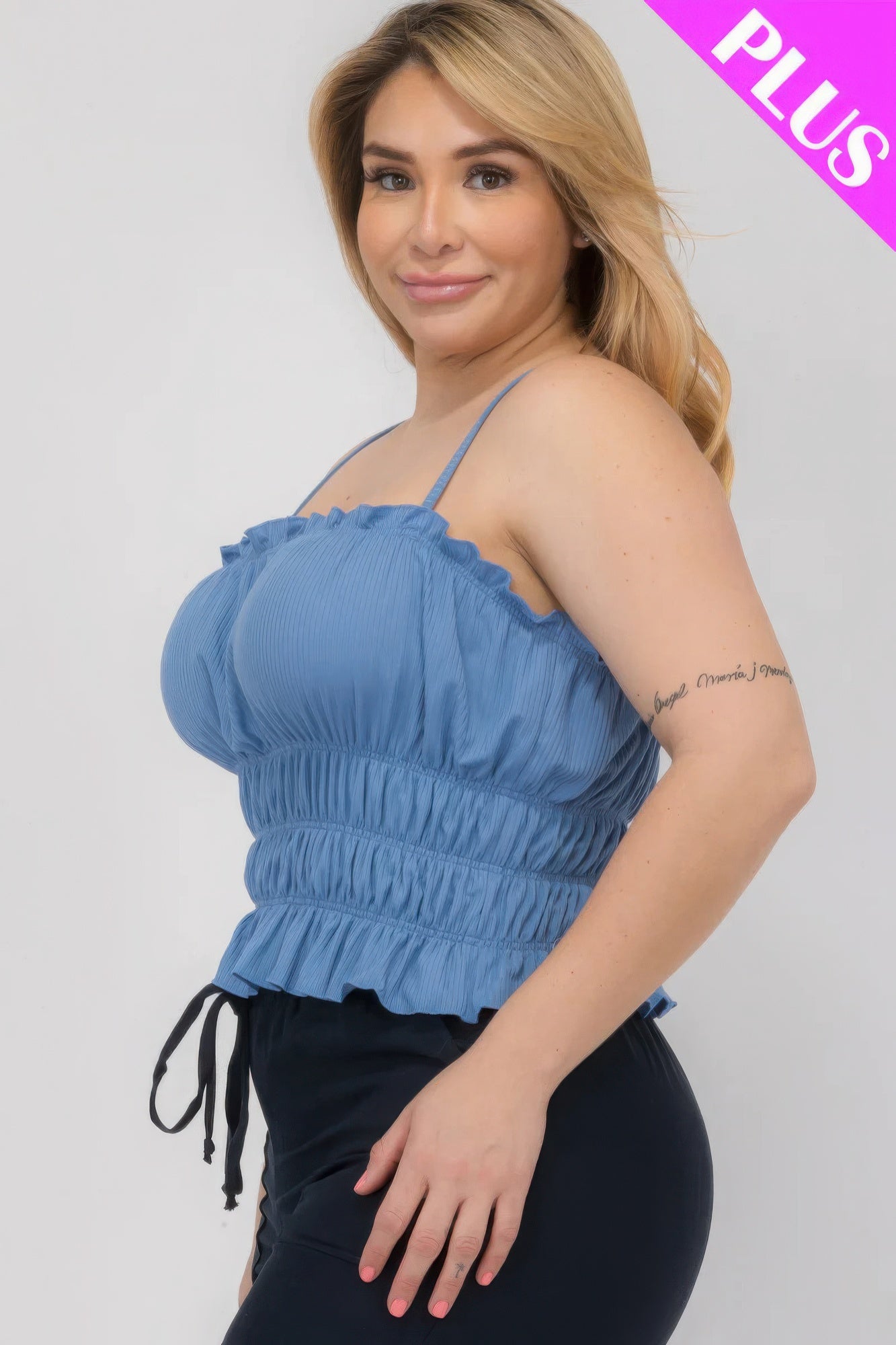 Plus Size Tiered Shirred Ruffle Crop Top – Adjustable Spaghetti Straps, Stretchy Polyester-Spandex Blend, Perfect for Casual Outings & Layering