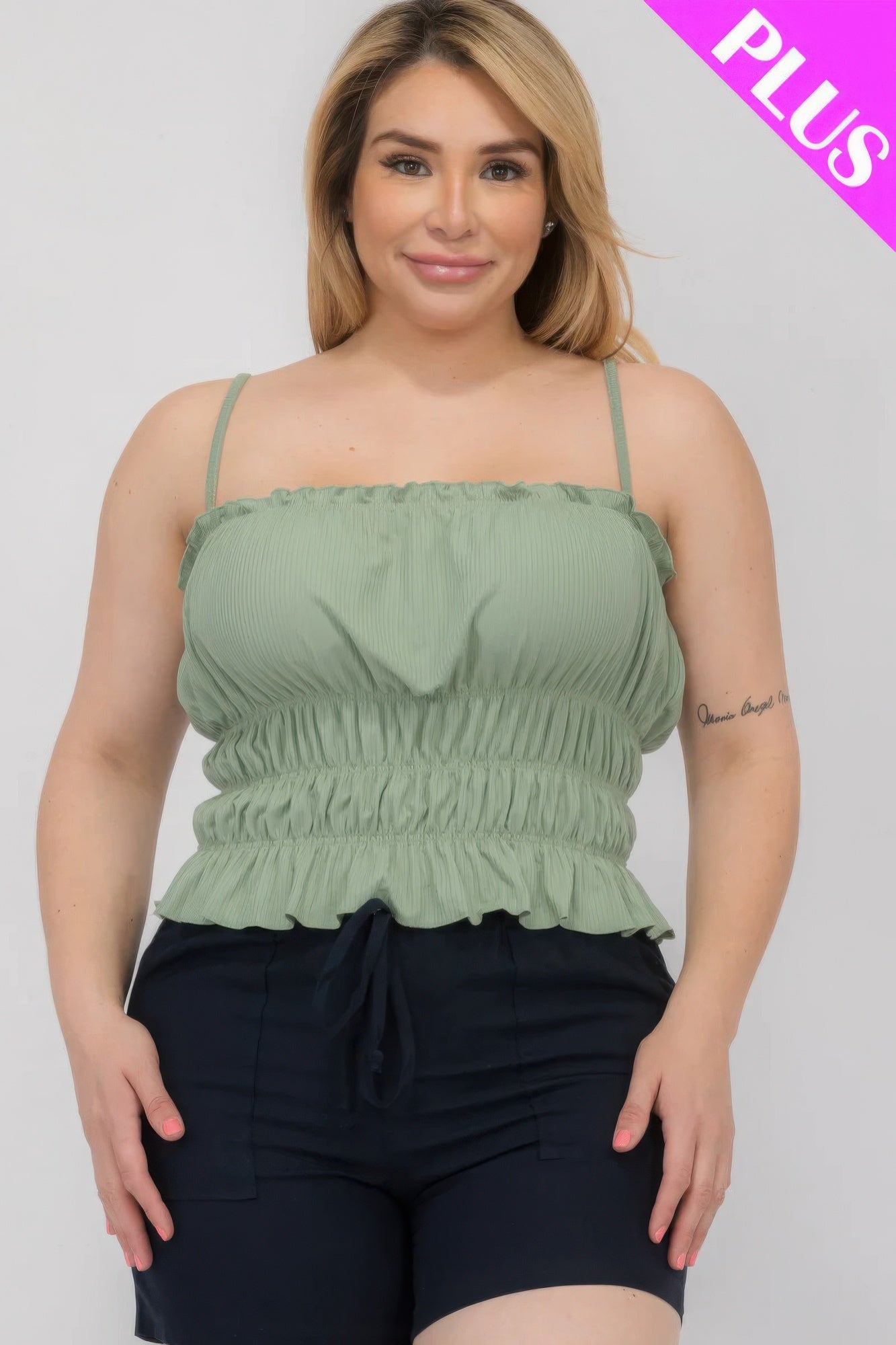 Plus Size Tiered Shirred Ruffle Crop Top – Adjustable Spaghetti Straps, Stretchy Polyester-Spandex Blend, Perfect for Casual Outings & Layering