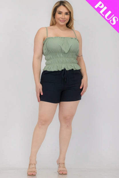 Plus Size Tiered Shirred Ruffle Crop Top – Adjustable Spaghetti Straps, Stretchy Polyester-Spandex Blend, Perfect for Casual Outings & Layering