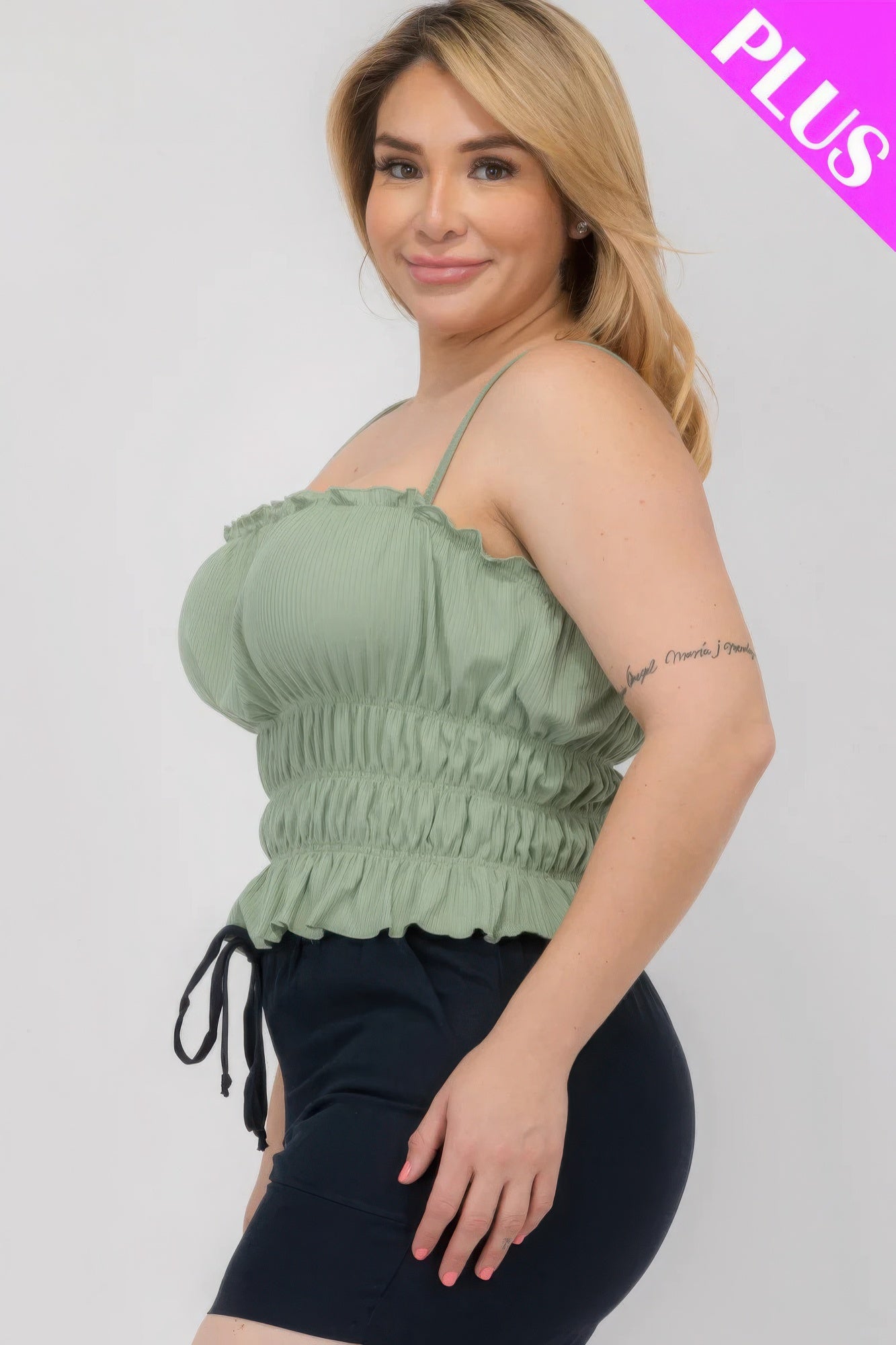 Plus Size Tiered Shirred Ruffle Crop Top – Adjustable Spaghetti Straps, Stretchy Polyester-Spandex Blend, Perfect for Casual Outings & Layering