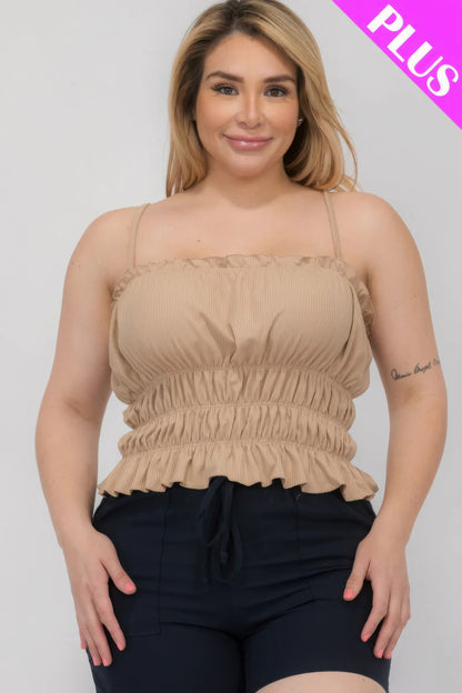 Plus Size Tiered Shirred Ruffle Crop Top – Adjustable Spaghetti Straps, Stretchy Polyester-Spandex Blend, Perfect for Casual Outings & Layering