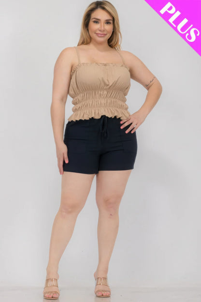 Plus Size Tiered Shirred Ruffle Crop Top – Adjustable Spaghetti Straps, Stretchy Polyester-Spandex Blend, Perfect for Casual Outings & Layering