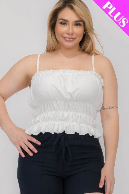 Plus Size Tiered Shirred Ruffle Crop Top – Adjustable Spaghetti Straps, Stretchy Polyester-Spandex Blend, Perfect for Casual Outings & Layering