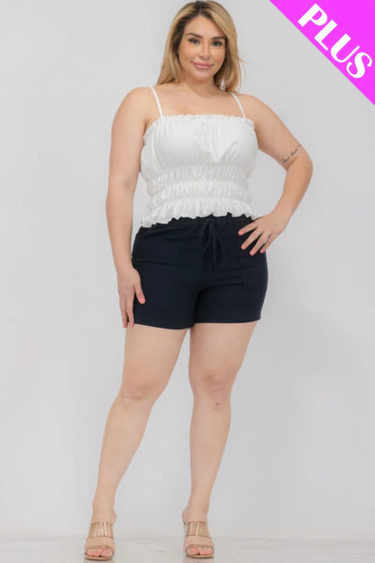 Plus Size Tiered Shirred Ruffle Crop Top – Adjustable Spaghetti Straps, Stretchy Polyester-Spandex Blend, Perfect for Casual Outings & Layering