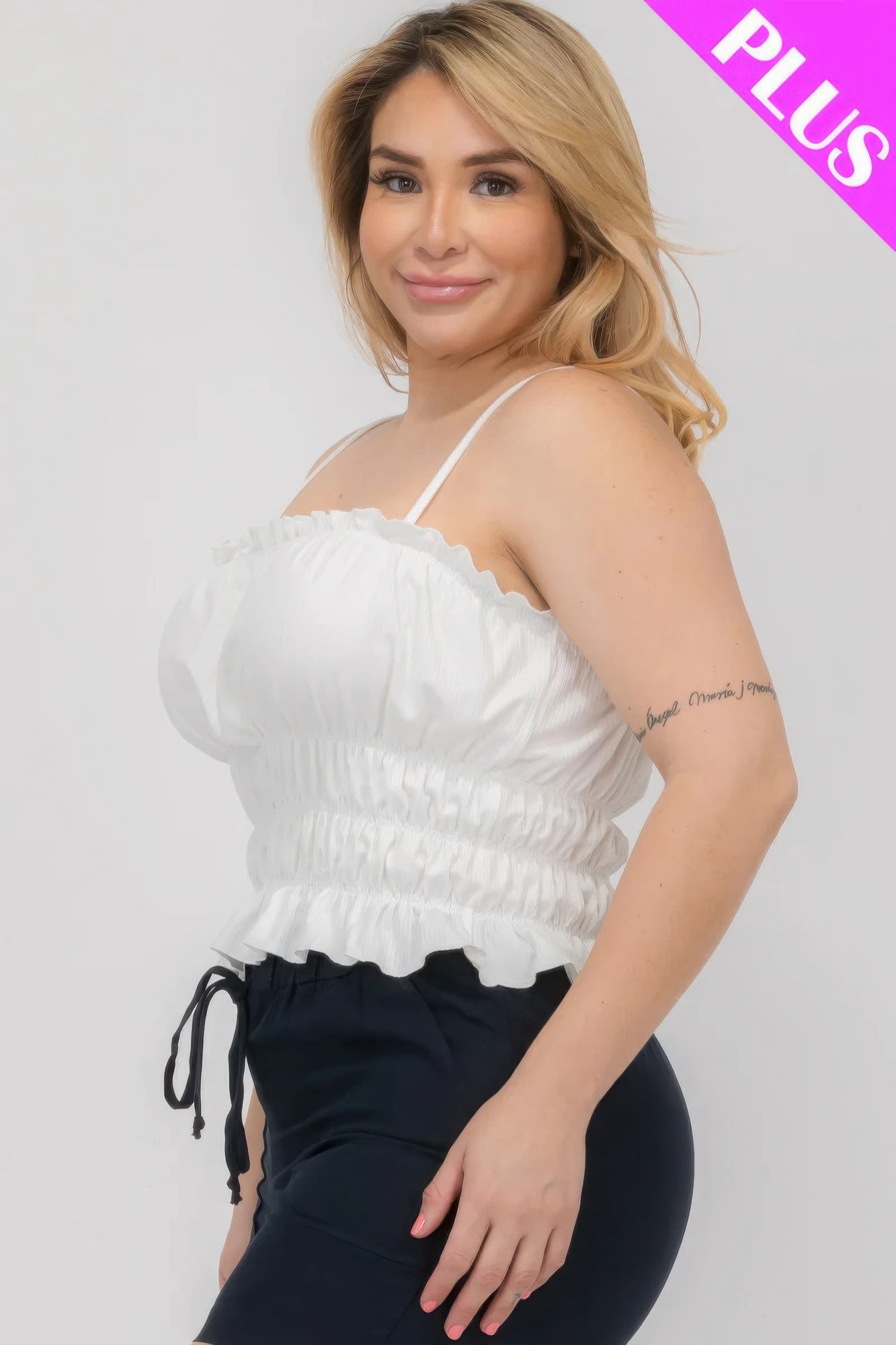 Plus Size Tiered Shirred Ruffle Crop Top – Adjustable Spaghetti Straps, Stretchy Polyester-Spandex Blend, Perfect for Casual Outings & Layering