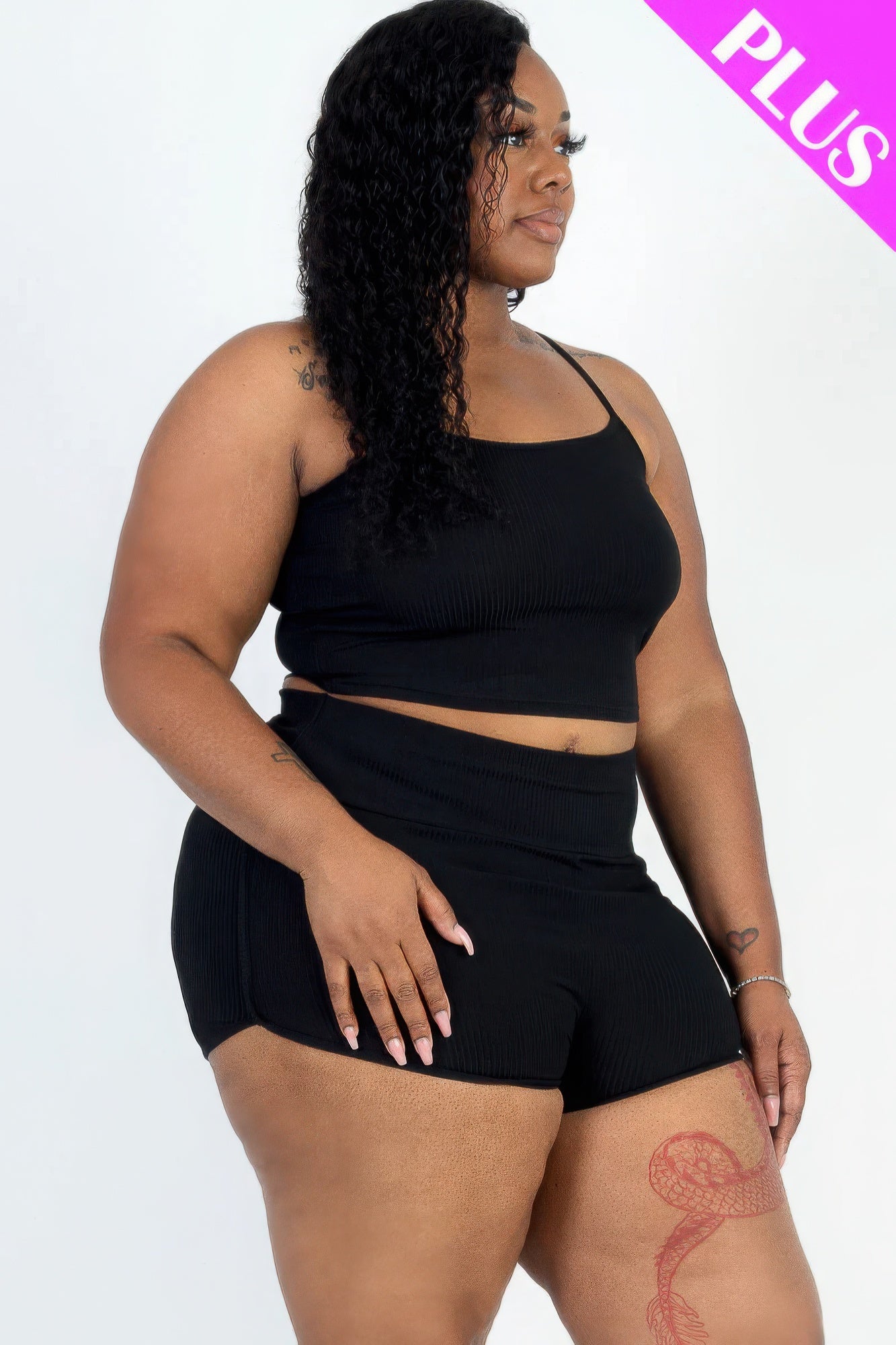 Plus Size Ribbed Cami Crop Top & Ruched Shorts Set – Soft Polyester & Spandex, Adjustable Straps, Elastic Waist, Perfect for Lounging, Casual Outings, or Layering