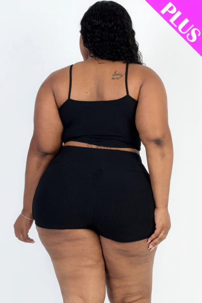 Plus Size Ribbed Cami Crop Top & Ruched Shorts Set – Soft Polyester & Spandex, Adjustable Straps, Elastic Waist, Perfect for Lounging, Casual Outings, or Layering