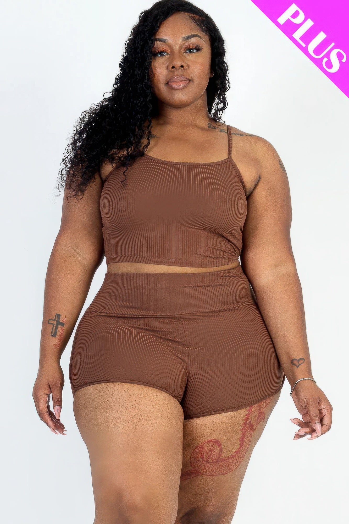 Plus Size Ribbed Cami Crop Top & Ruched Shorts Set – Soft Polyester & Spandex, Adjustable Straps, Elastic Waist, Perfect for Lounging, Casual Outings, or Layering