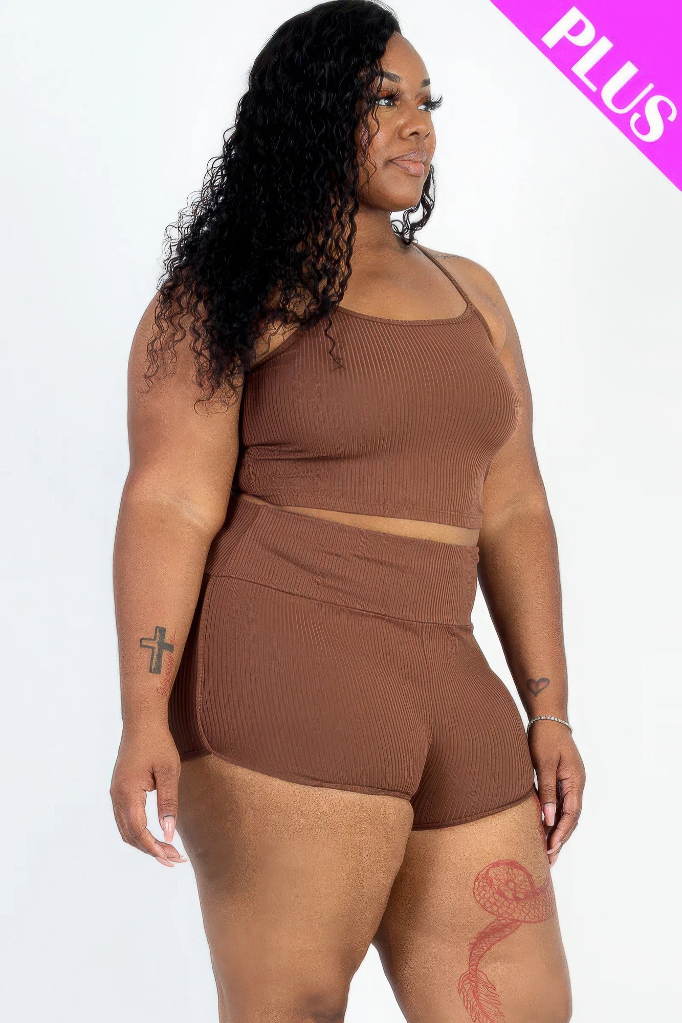 Plus Size Ribbed Cami Crop Top & Ruched Shorts Set – Soft Polyester & Spandex, Adjustable Straps, Elastic Waist, Perfect for Lounging, Casual Outings, or Layering