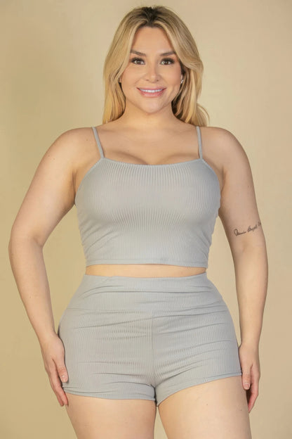 Plus Size Ribbed Cami Crop Top & Ruched Shorts Set – Soft Polyester & Spandex, Adjustable Straps, Elastic Waist, Perfect for Lounging, Casual Outings, or Layering