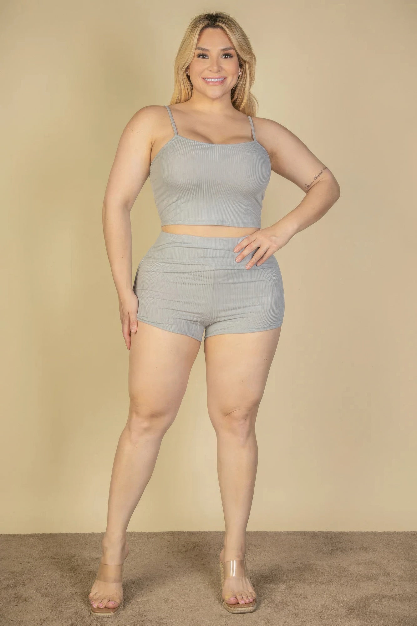 Plus Size Ribbed Cami Crop Top & Ruched Shorts Set – Soft Polyester & Spandex, Adjustable Straps, Elastic Waist, Perfect for Lounging, Casual Outings, or Layering