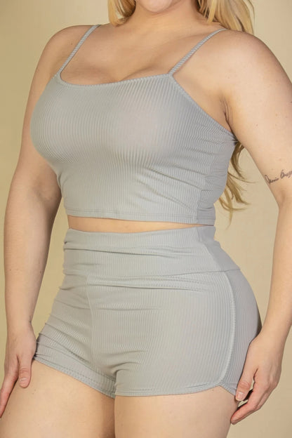 Plus Size Ribbed Cami Crop Top & Ruched Shorts Set – Soft Polyester & Spandex, Adjustable Straps, Elastic Waist, Perfect for Lounging, Casual Outings, or Layering