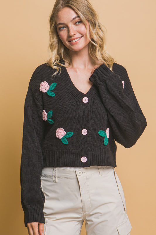 Floral Mid-Crop Cardigan – Soft Acrylic Knit with Elegant Flower Accents, Perfect for Layering Over Dresses & Tops