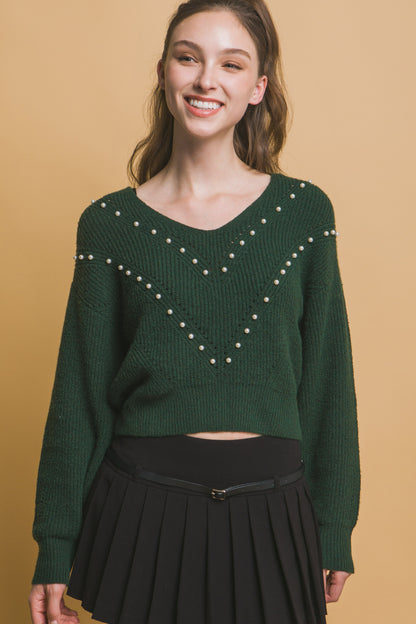 Pearl-Detail Sweater – Soft, Stretchy Blend of Polyester, Nylon & Spandex, Perfect for Special Occasions or Elevating Everyday Style with Refined Pearl Accents