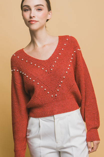 Pearl-Detail Sweater – Soft, Stretchy Blend of Polyester, Nylon & Spandex, Perfect for Special Occasions or Elevating Everyday Style with Refined Pearl Accents