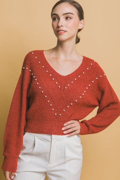 Pearl-Detail Sweater – Soft, Stretchy Blend of Polyester, Nylon & Spandex, Perfect for Special Occasions or Elevating Everyday Style with Refined Pearl Accents