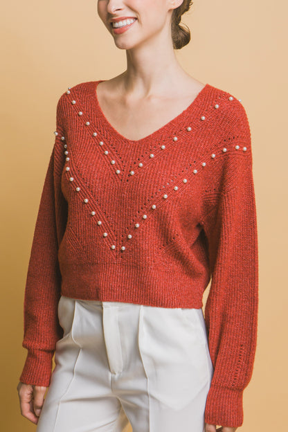 Pearl-Detail Sweater – Soft, Stretchy Blend of Polyester, Nylon & Spandex, Perfect for Special Occasions or Elevating Everyday Style with Refined Pearl Accents