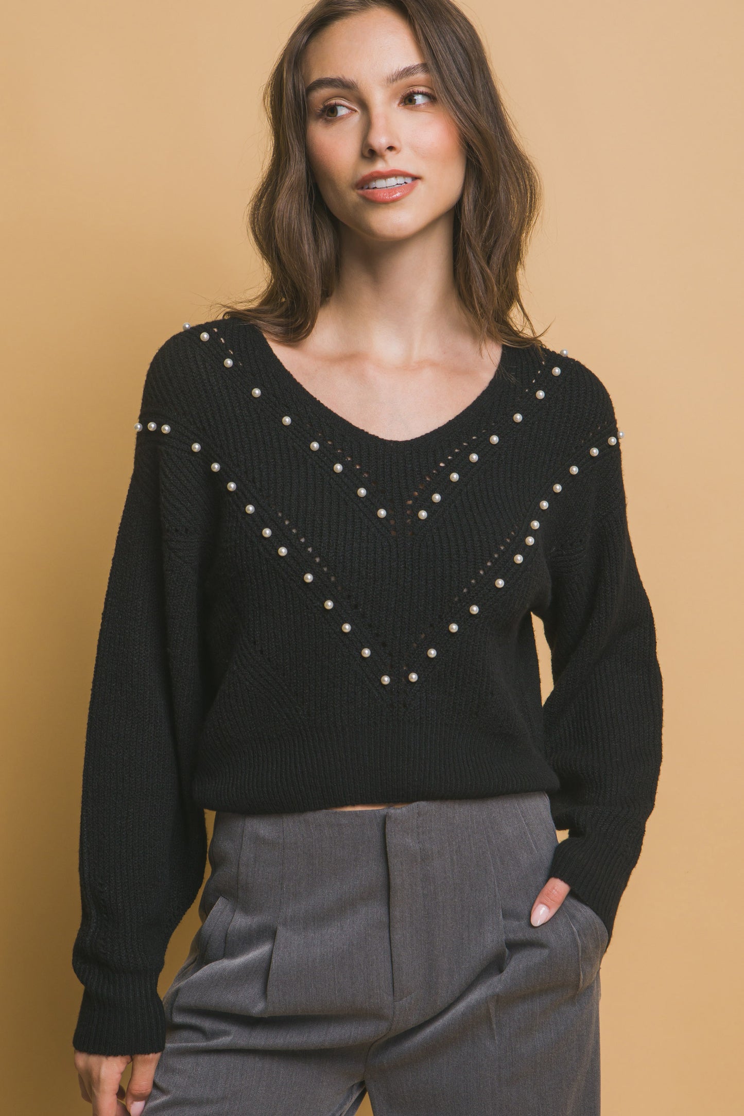 Pearl-Detail Sweater – Soft, Stretchy Blend of Polyester, Nylon & Spandex, Perfect for Special Occasions or Elevating Everyday Style with Refined Pearl Accents