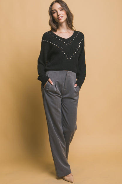 Pearl-Detail Sweater – Soft, Stretchy Blend of Polyester, Nylon & Spandex, Perfect for Special Occasions or Elevating Everyday Style with Refined Pearl Accents