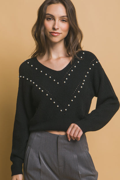 Pearl-Detail Sweater – Soft, Stretchy Blend of Polyester, Nylon & Spandex, Perfect for Special Occasions or Elevating Everyday Style with Refined Pearl Accents