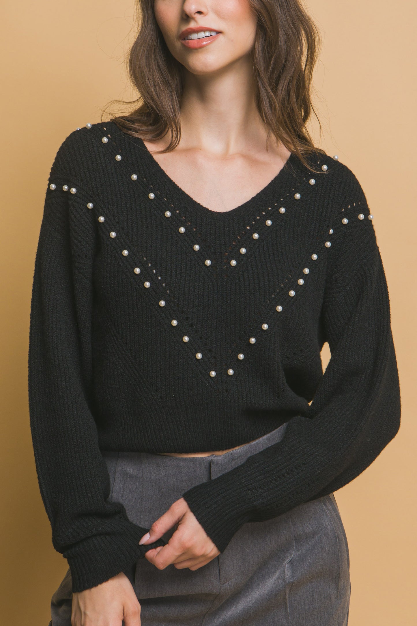 Pearl-Detail Sweater – Soft, Stretchy Blend of Polyester, Nylon & Spandex, Perfect for Special Occasions or Elevating Everyday Style with Refined Pearl Accents