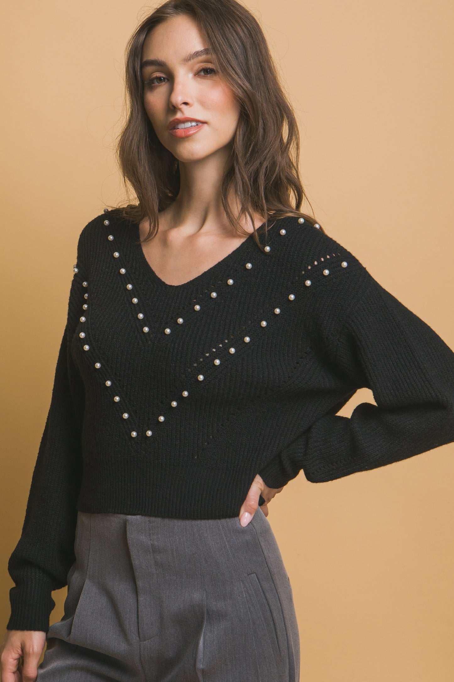 Pearl-Detail Sweater – Soft, Stretchy Blend of Polyester, Nylon & Spandex, Perfect for Special Occasions or Elevating Everyday Style with Refined Pearl Accents