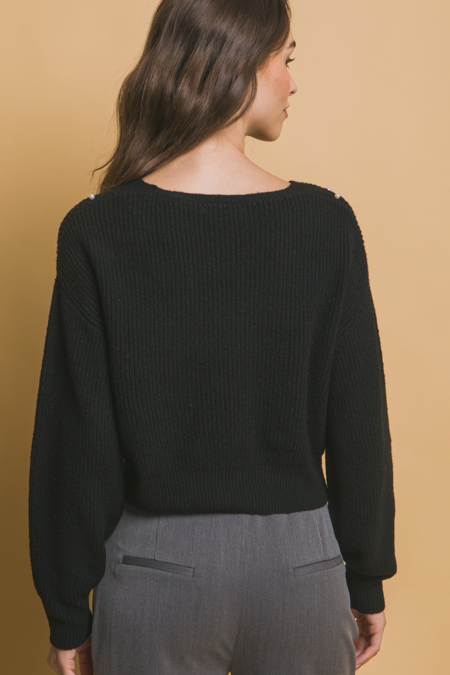 Pearl-Detail Sweater – Soft, Stretchy Blend of Polyester, Nylon & Spandex, Perfect for Special Occasions or Elevating Everyday Style with Refined Pearl Accents