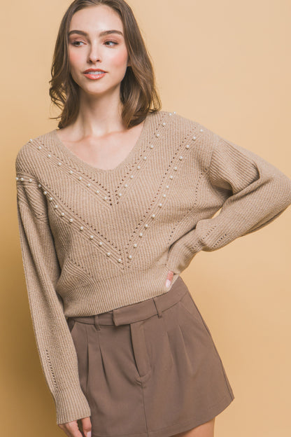 Pearl-Detail Sweater – Soft, Stretchy Blend of Polyester, Nylon & Spandex, Perfect for Special Occasions or Elevating Everyday Style with Refined Pearl Accents