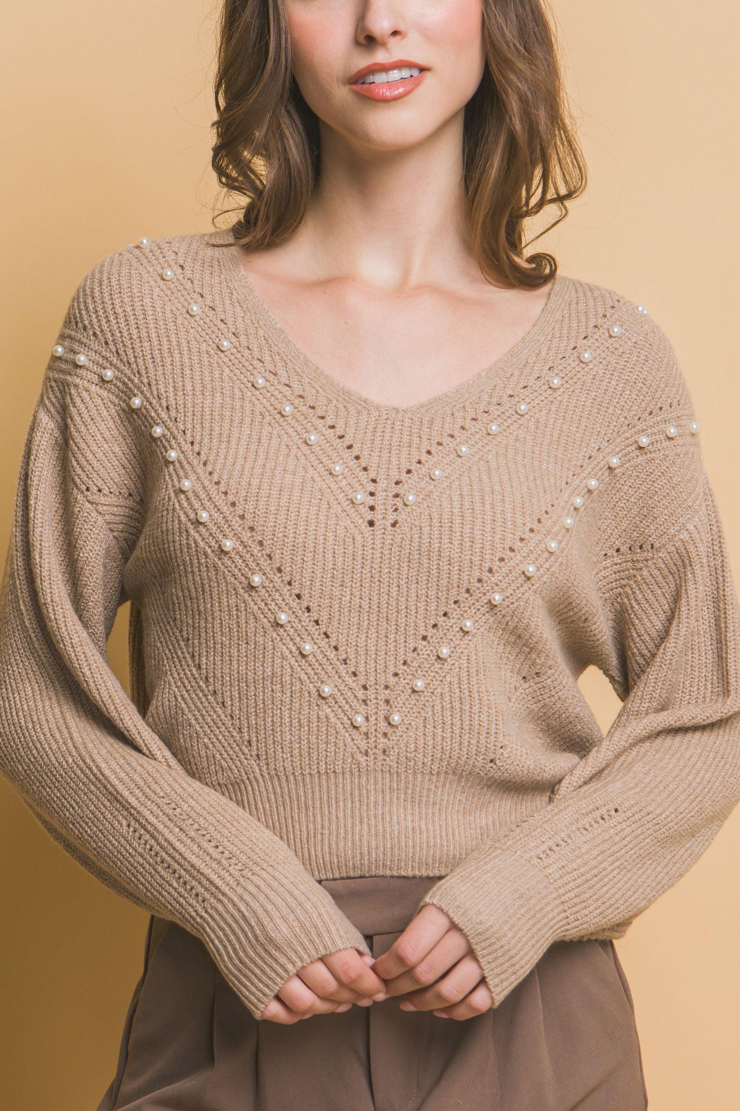 Pearl-Detail Sweater – Soft, Stretchy Blend of Polyester, Nylon & Spandex, Perfect for Special Occasions or Elevating Everyday Style with Refined Pearl Accents