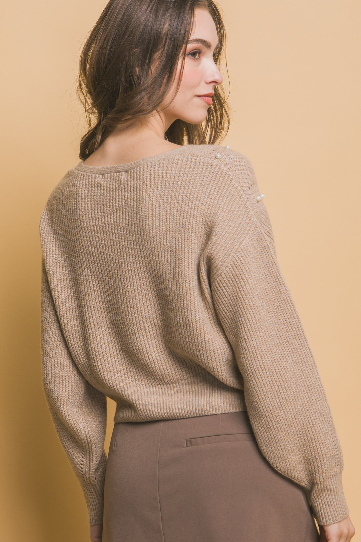 Pearl-Detail Sweater – Soft, Stretchy Blend of Polyester, Nylon & Spandex, Perfect for Special Occasions or Elevating Everyday Style with Refined Pearl Accents